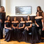 Black Satin Off Shoulder Straight Across Lace Applique Mermaid Long Bridesmaid Dresses, BDS0190