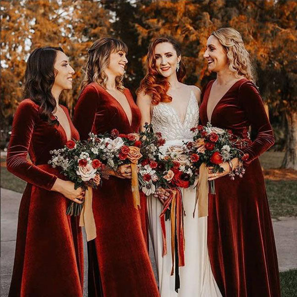 Rust Velvet Long Sleeves A-line Floor Length Long Bridesmaid Dresses, – Oktypes Rust Velvet Long Sleeves A-line Floor Length Long Bridesmaid Dresses, – Oktypes