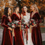 Rust Velvet Long Sleeves A-line Floor Length Long Bridesmaid Dresses, BDS0188