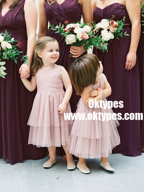 A-Line Round Neck Long Blush Tiered Tulle Flower Girl Dresses, TYP0909