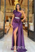 Elegant Satin One Shoulder Sleeveless Side Slit Mermaid Long Prom Dresses With Belt And Trailing, PDS0910