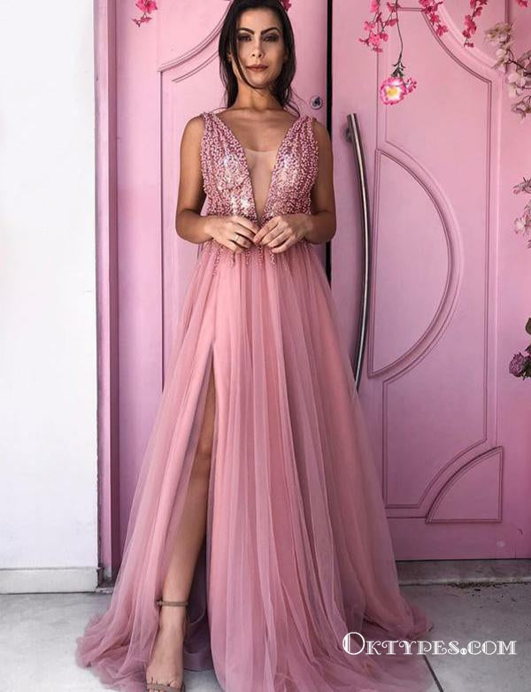 V Neck Pink Long Evening Party Dresses Split Prom Dresses With Beading, TYP1706