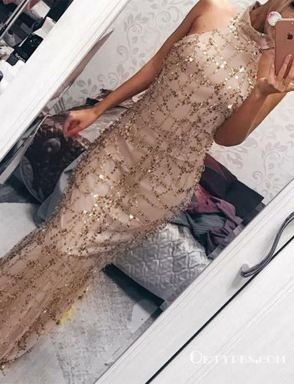 Champagne Foraml Evening  Long  High Neck With Sequins Prom Dresses, TYP1658