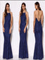 Navy Sexy Lace Halter Sleeveless Open Back Mermaid Prom Dresses, PDS0297