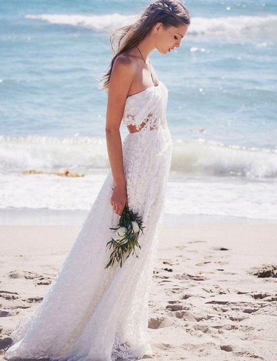 Two Piece Strapless Floor-Length Lace Beach Boho Cheap Wedding Dresses, TYP1018