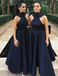 A-Line High Neck Navy Blue Satin Bridesmaid Dresses with Bow Knot, TYP1312