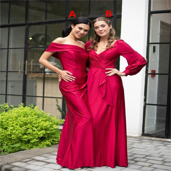 Mismatched Red Soft Satin A-Line Floor Length Mermaid Bridesmaid Dresses, BDS0201