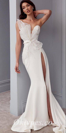 Elegant White Satin Sweetheart Sleeveless Side Slit Mermaid Long Prom Dresses With Belt,PDS0549