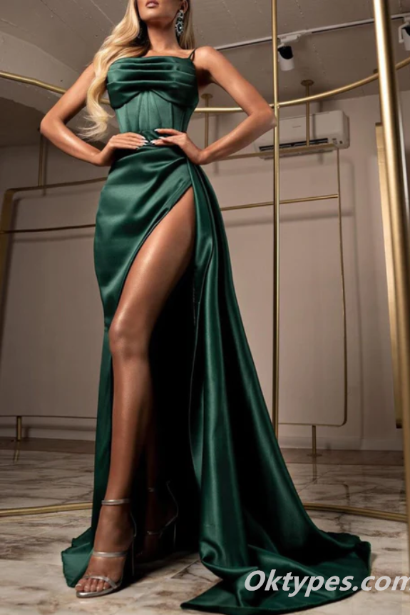 Gorgeous Satin Spaghetti Straps Dark Green Prom Dress Long With Slit,PDS0330