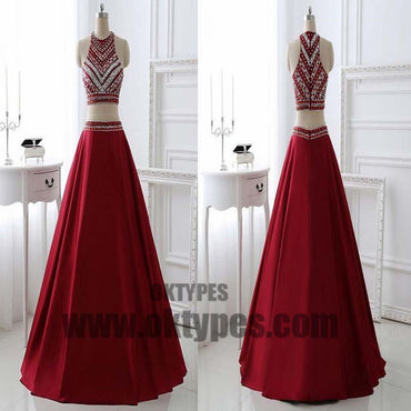 Red Two Piece Beading Prom dresses, Halter Prom Dresses, Zipper Prom Dresses, Soft Satin Prom Dresses, TYP0371