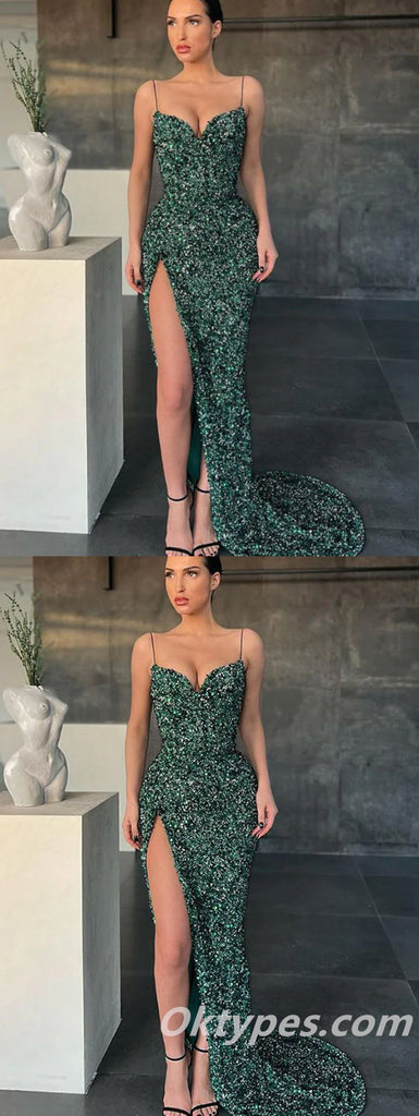 Sexy Charming Sequin Spaghetti Straps V-Neck Side Slit Mermaid Long Prom Dresses ,PDS0373