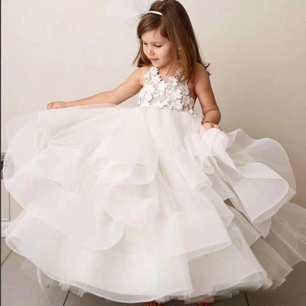 A-Line Round Neck Tiered White Organza Flower Girl Dresses With Lace Applique, FGS0029