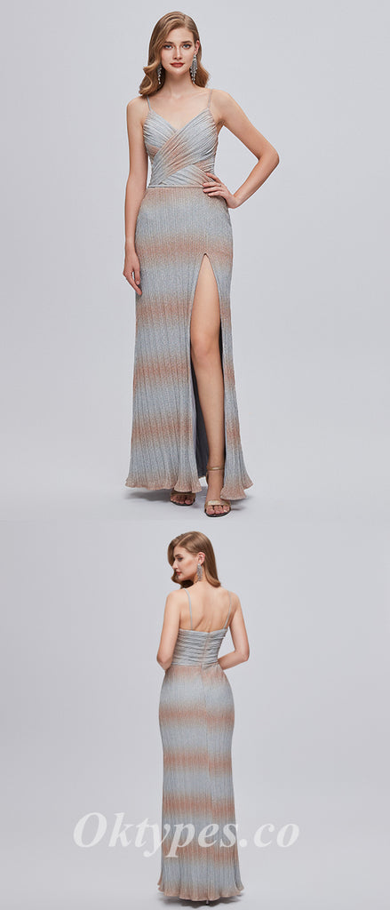 Elegant Special Fabric Spaghetti Straps V-neck Sheath Side Slit Long Prom Dresses,PDS0467