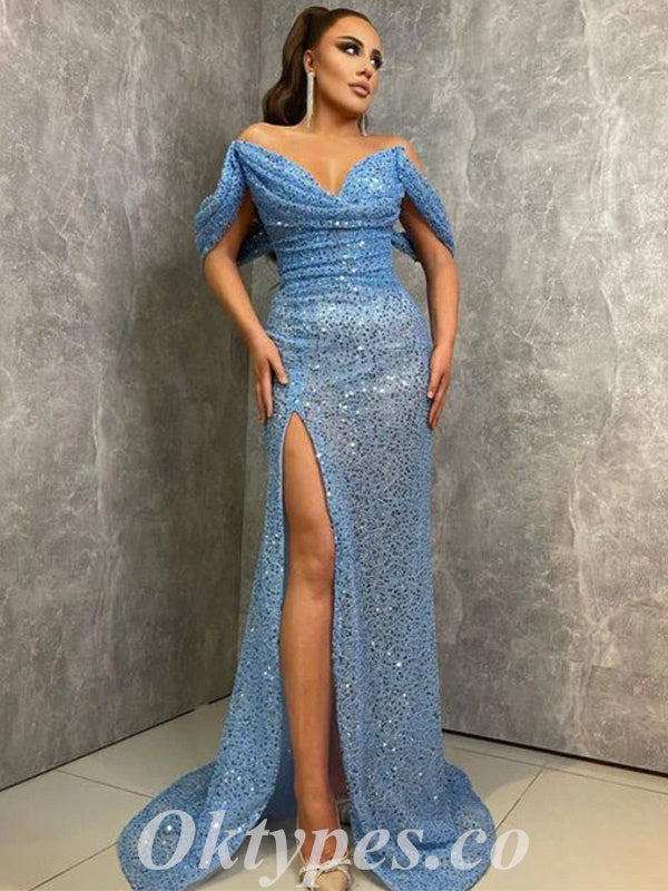Sexy Blue Sequin Off Shoulder V-Neck Side Slit Mermaid Long Prom Dresses,PDS0701