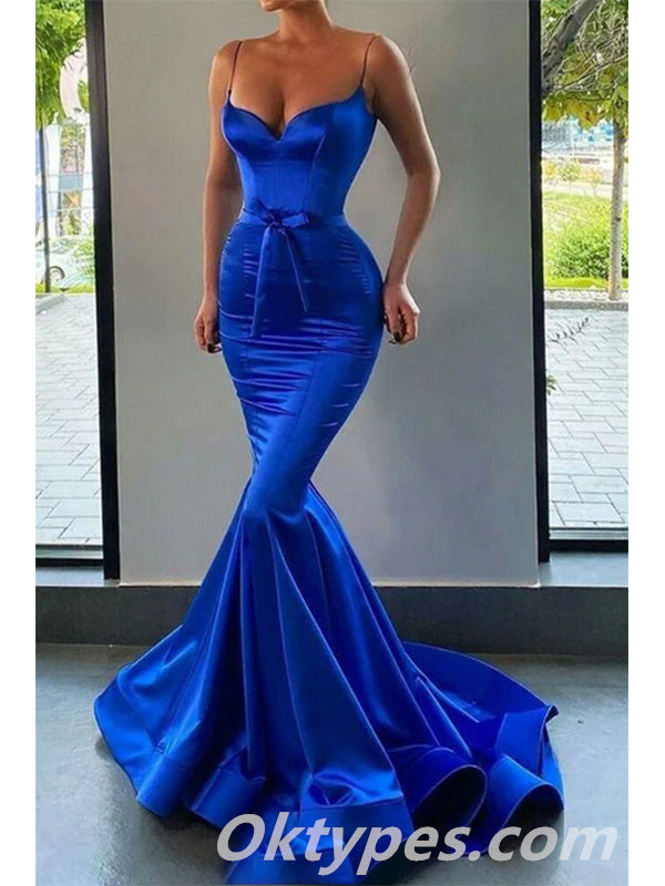 Sexy Satin Spaghetti Straps V-Neck Mermaid Long Prom Dresses,PDS0414