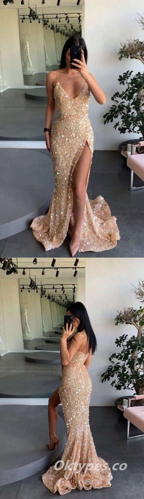 Shiny Sequin Spaghetti Straps V-Neck Side Slit Mermaid Long Prom Dresses,PDS0431