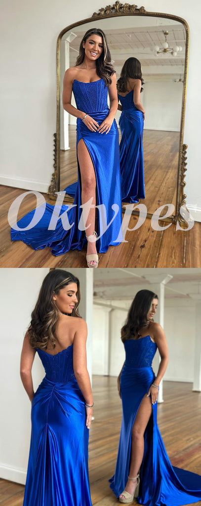 Sexy Satin And Lace Sweetheart Sleeveless Side Slit Mermaid Long Prom Dresses, PDS0857