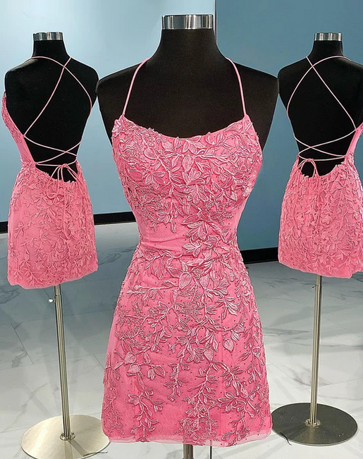 Charming Lace Appliqued Criss-Cross Short Homecoming Dresses, HDS0074
