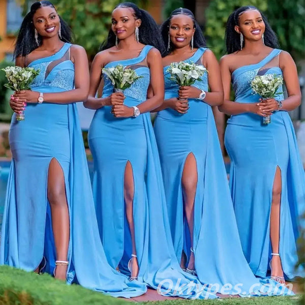 Elegant Crepe One Shoulder Side Slit Floor Length Mermaid Bridesmaid D – Oktypes