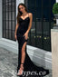 Sexy Black Satin Halter V-Neck Lace Up Back Side Slit Mermaid Long Prom Dresses,PDS0599