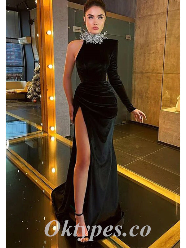Sexy Black Velvet One Shoulder Long Sleeve Side Slit Mermaid Long Prom Oktypes Sexy Black Velvet One Shoulder Long Sleeve Side Slit Mermaid Long Prom Oktypes