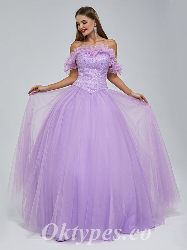 Purple Sequin Tulle Sweetheart Off Shoulder A-Line Long Prom Dresses,PDS0462