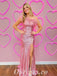 Sexy Pink Sequin One Shoulder Sleeveless Side Slit Mermaid Long Prom Dresses With Feather,PDS0805