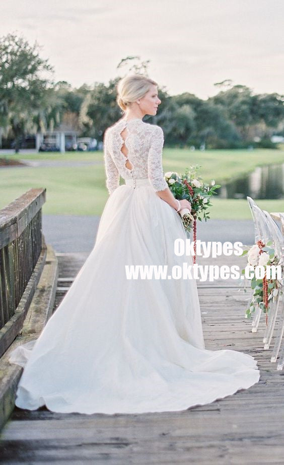 Elegant Lace Top Half Sleeves Tulle Bridal Gown Wedding Dresses, TYP0939