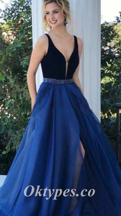 Elgant Velvet Top Tulle Bottom Spaghetti Straps V-Neck Sleeveless Side Slit A-Line Long Prom Dresses,PDS0749