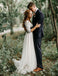 A-Line V-Neck Half Sleeves Backless Tulle Wedding Dresses with Appliques, TYP1115