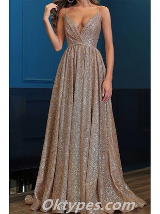 Sexy Sequin Spaghetti Straps Deep V Neck A-Line Long Prom Dresses,PDS0402