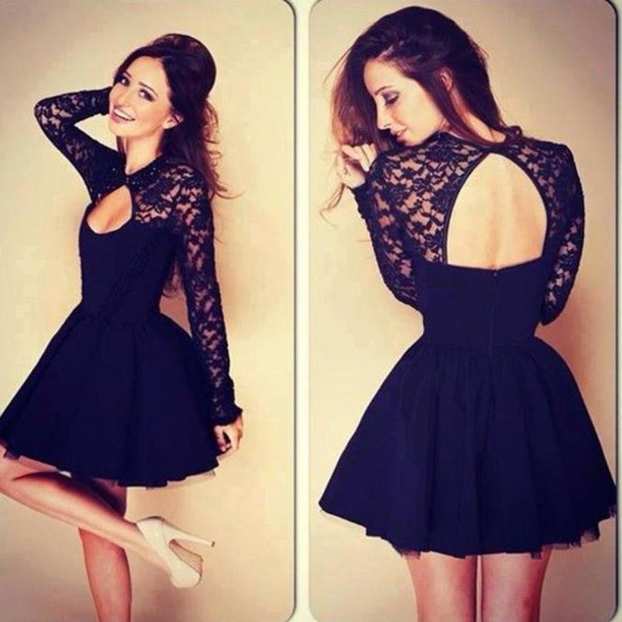 Long sleeve black tight lace sexy charming unique style homecoming prom gowns dress, TYP0094