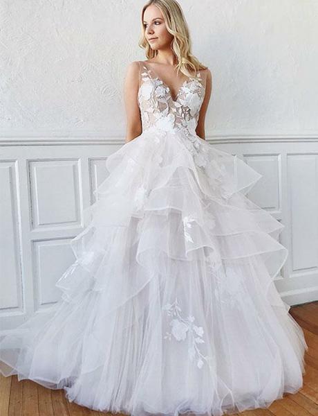 Romantic A-Line V Neck Open Back Tiered White Tulle Long Wedding Dress – Oktypes