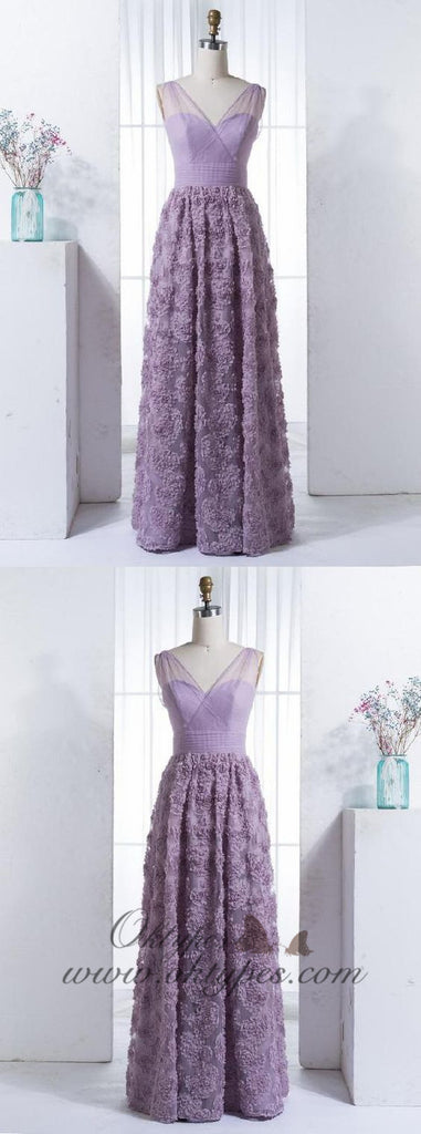 Charming Lilac V-neck Long Cheap Tulle Prom Dresses with Handmade Flowers, TYP1426