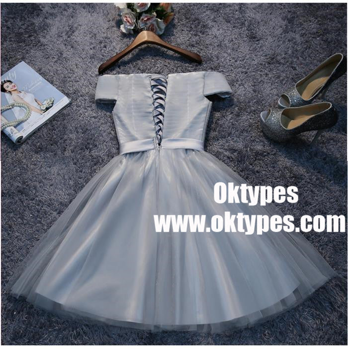 Off Shoulder Grey Tulle Short Cheap Homecoming Dresses 2018, TYP0885