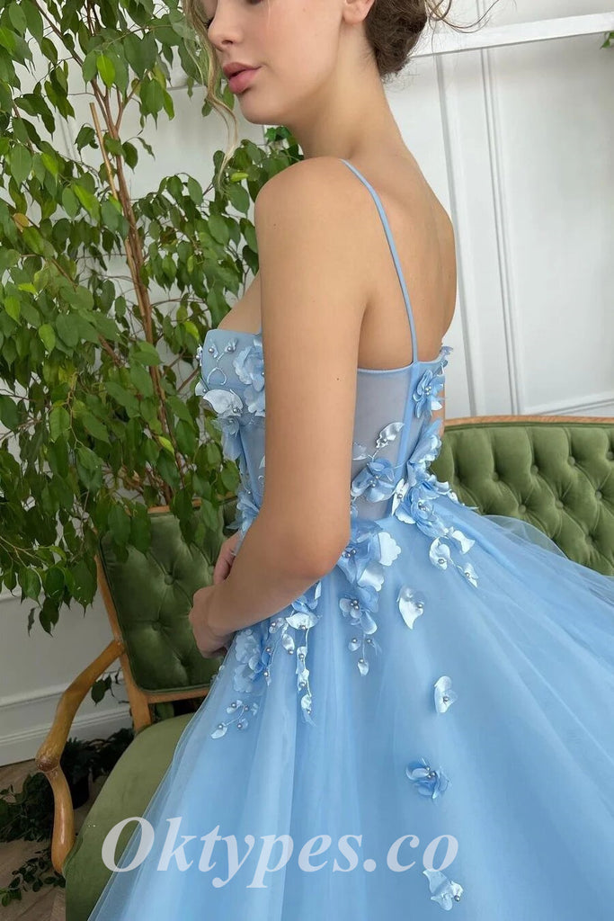 Elegant Blue Tulle Spaghetti Straps Side Slit A-Line Long Prom Dresses With Applique,PDS0730