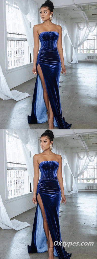 Simple Royal Blue Velvet Strapless Long Prom Dresses With Split,PDS0329