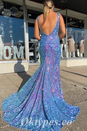 Sexy Special Fabric Spaghetti Straps V-Neck Sleeveless Open Back Mermaid Long Prom Dresses,PDS0611