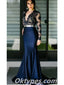 Elegant Top Lace Bottom Satin Long Sleeves V-Neck Mermaid Long Floor Length Prom Dresses ,PDS0366