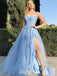 Elegant Tulle Spaghetti Straps A-Line Side Slit Long Prom Dresses With Applique,PDS0449