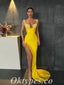 Sexy Shiny Yellow Sequin Satin Spaghetti Straps V-Neck Sleeveless Side Slit Mermaid Long Prom Dresses,PDS0503
