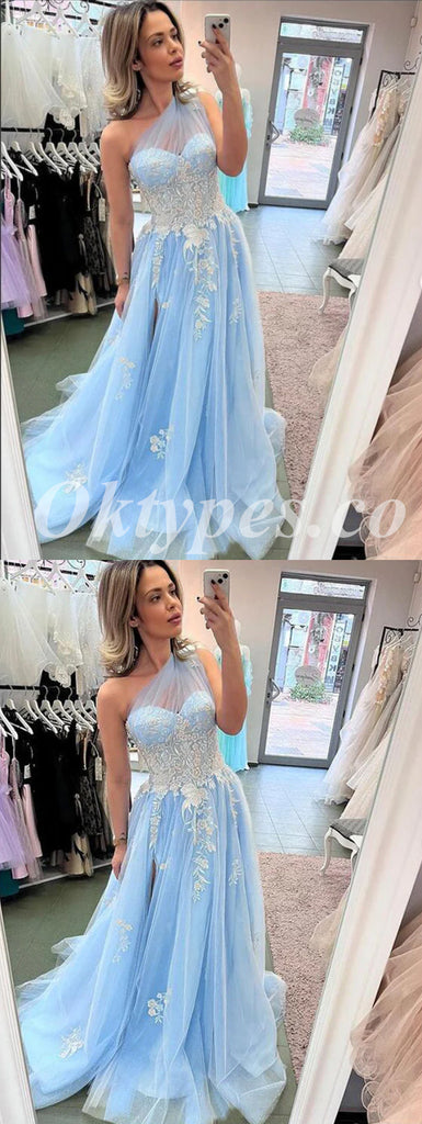 Elegant Tulle One Shoulder Sleeveless A-Line Long Prom Dresses With Applique,PDS0710