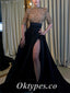 Elegant Sequin Top Satin Bottom High Neck Half Sleeves Side Slit A-Line Long Prom Dresses,PDS0739