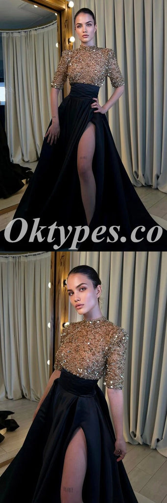 Elegant Sequin Top Satin Bottom High Neck Half Sleeves Side Slit A-Line Long Prom Dresses,PDS0739