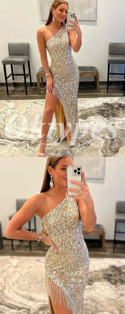 Sexy Sequin One Shoulder Sleeveless Side Slit Mermaid Long Prom Dresses, PDS0909