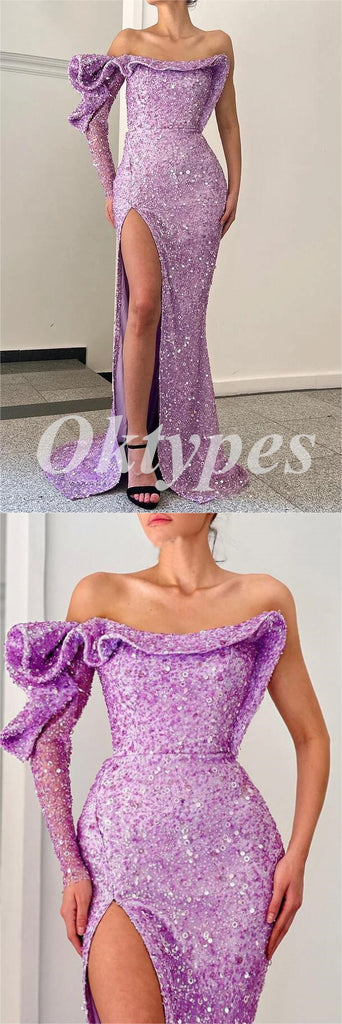 Sexy Sequin One Shoulder Long Sleeve Side Slit Mermaid Long Prom Dresses,PDS0790