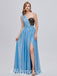 Sexy Blue Special Fabric One Shoulder A-line Side Slit Long Prom Dresses With Beading,PDS0470