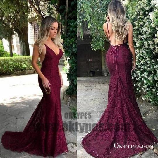 Sexy Prom Dresses, Long Red Lace Prom Dresses, V-neck Mermaid Prom Dresses, Backless Evening Dresses, TYP0060