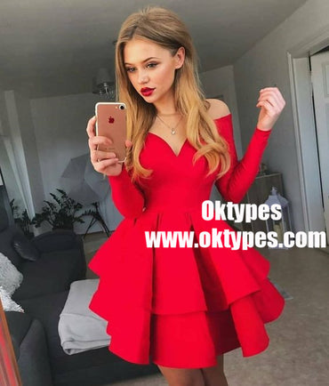 Red Long Sleeve Beaded Short Homecoming Dress – FancyVestido