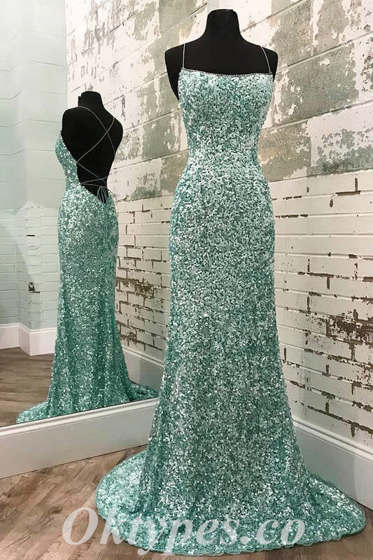 Sexy Shiny Mint Green Sequin Halter Sleeveless Criss Cross Mermaid Long Prom Dresses,PDS0501